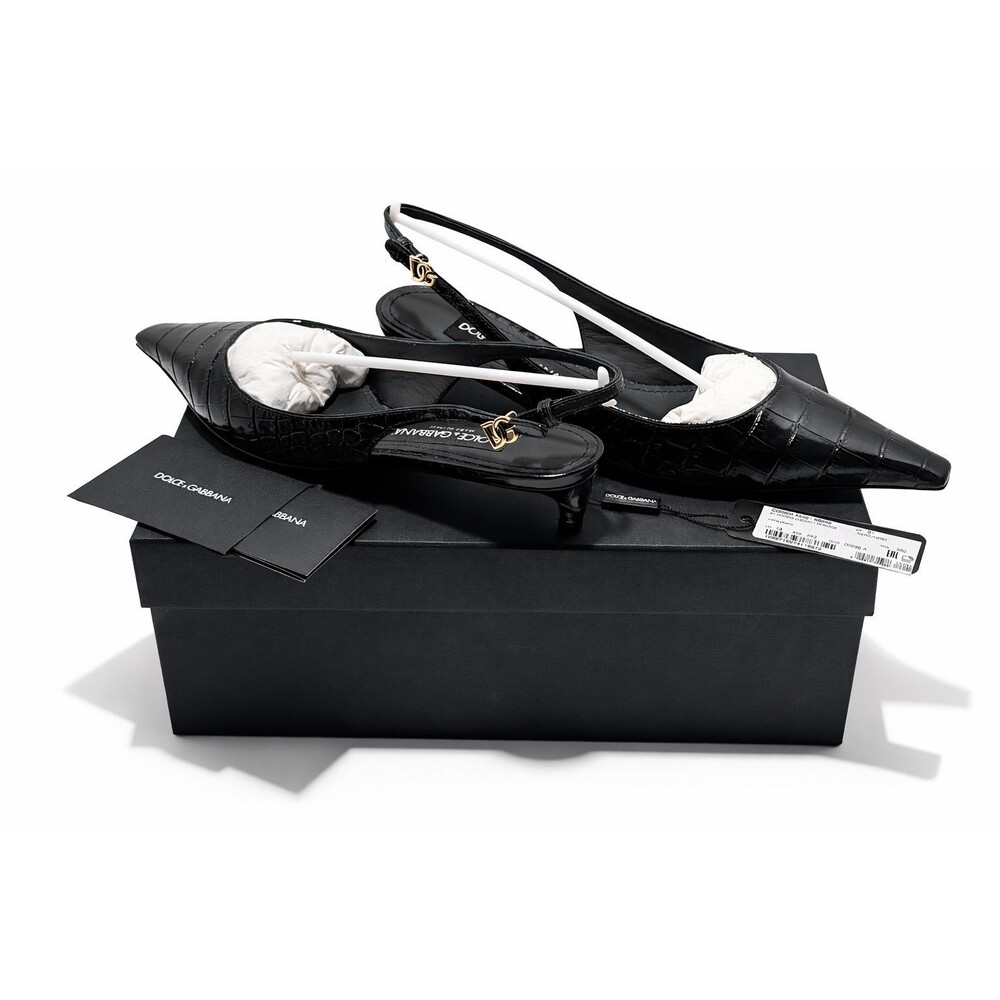 Dolce Gabbana Black Patent Croc Slingback Kitten Heel Pumps 38 US 8 DG Logo NIB - Picture 11 of 16